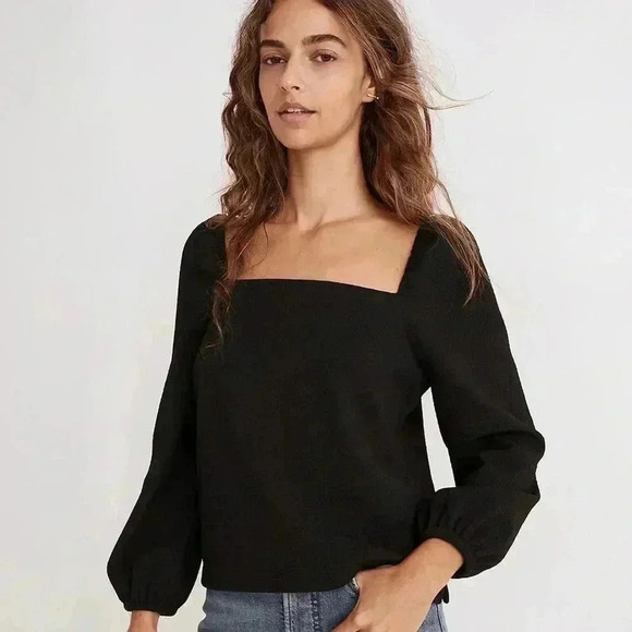 Madewell Crepe Square-Neck Puff-Sleeve Top (black) - Picture 1 of 8